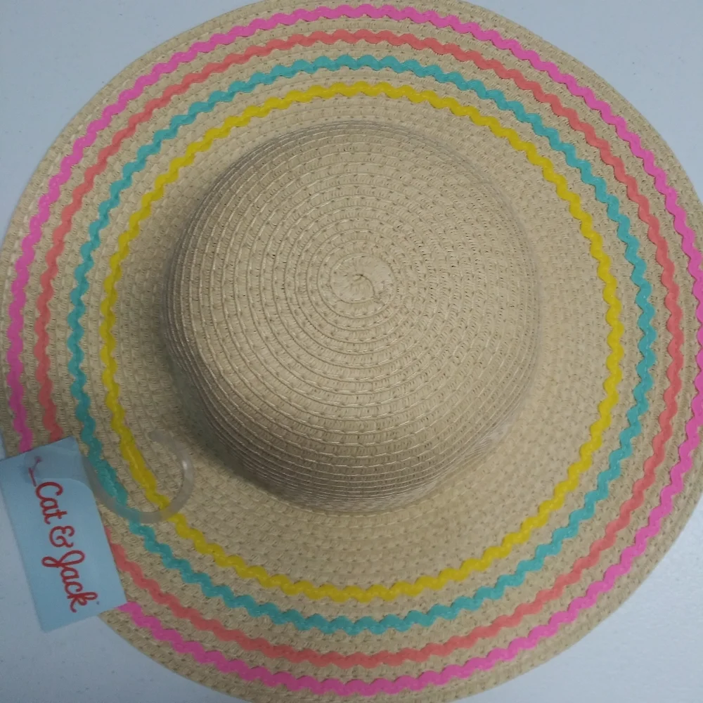 Cat & Jack Off-White Girls' Paper Straw Floppy Hat with Ric Rac NWT OSFM